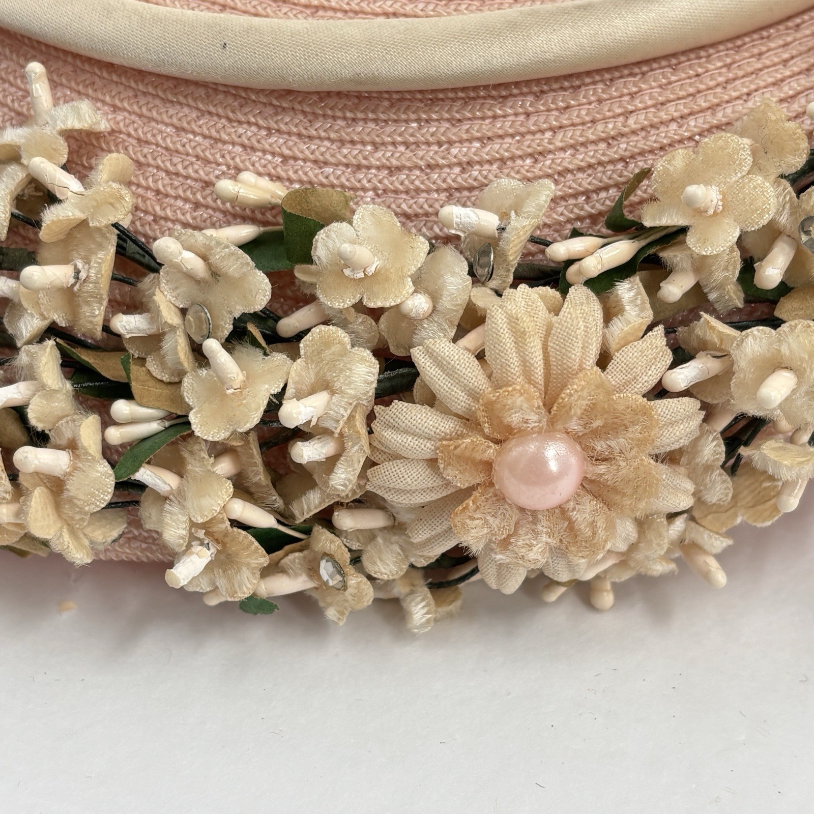 Vtg 60s Bon Rey Pink Floral Straw Hat Garden Party Tea Wedding