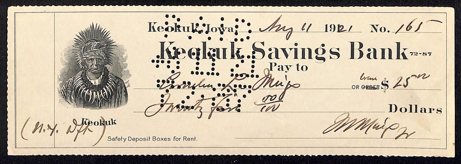 1921 Keokuk Savings Bank Check w/ Vignette VGC Scarce