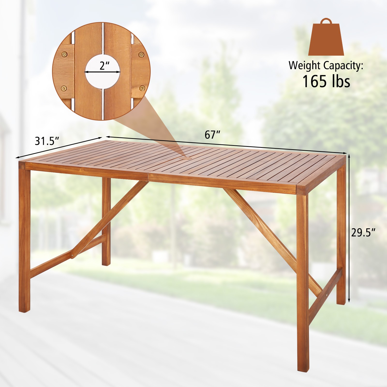 Patio Rectangle Acacia Wood Dining Table Spacious Slatted Top Up to 6 Outdoor