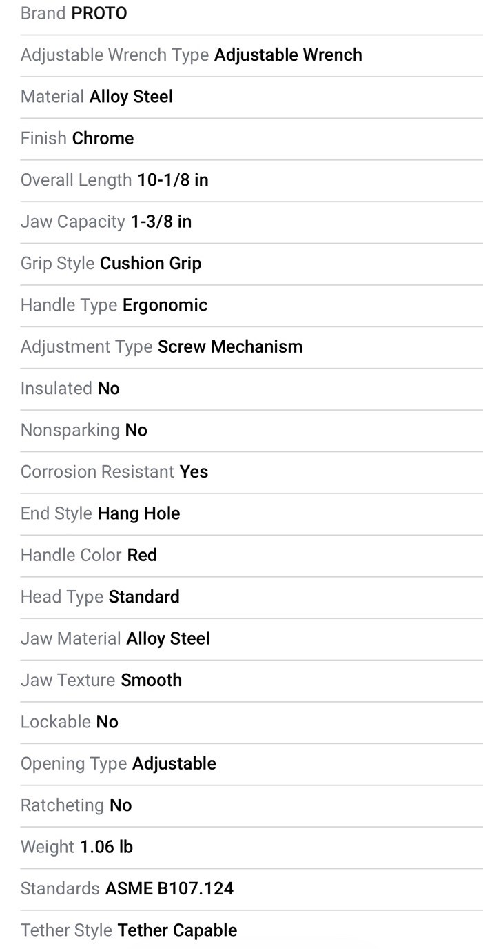 Proto J710GB Adjustable Wrench 10", Steel, Chrome Finish, 1-3/8" Capacity, Grip