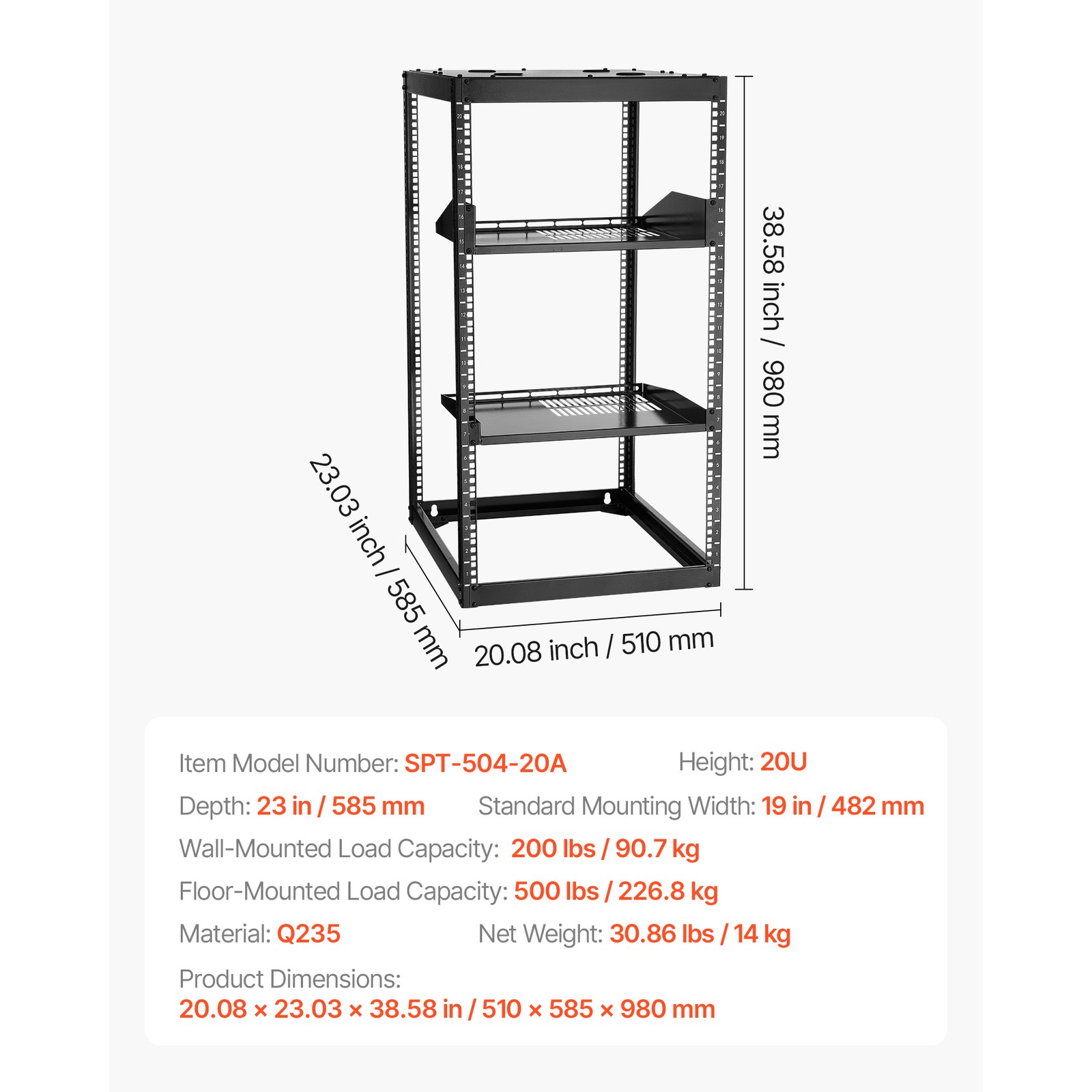 Uimoso 20U Open Frame Wall-Mount Server Rack with 4 Posts and Shelves