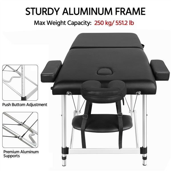 Easy Carrying 2 Fold Aluminum Massage Table Lightweight Tattoo Table, Black,Used