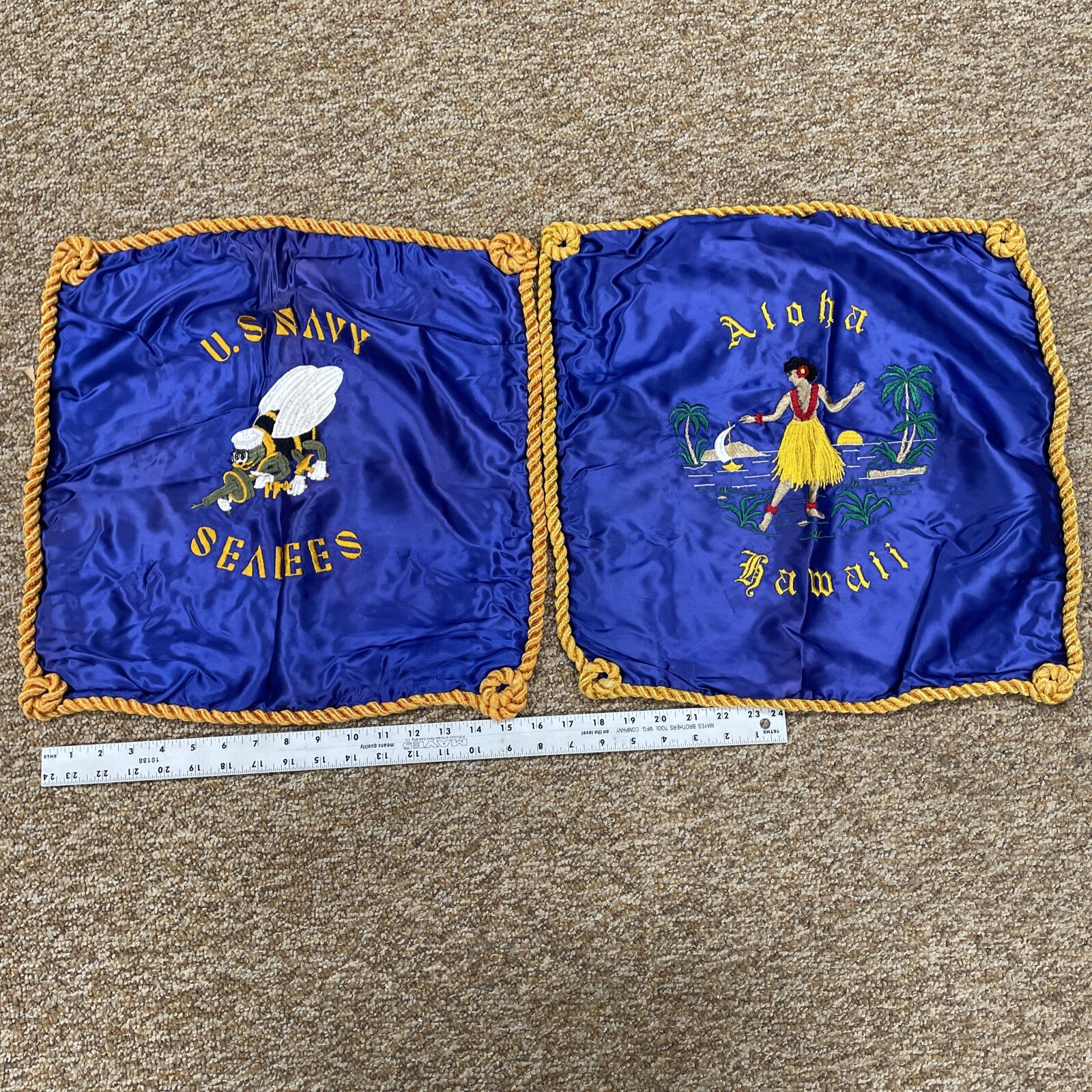 Vtg Authentic Seabees Banner - Hawaii Theater Made Pillow Cases Set Rare WWII