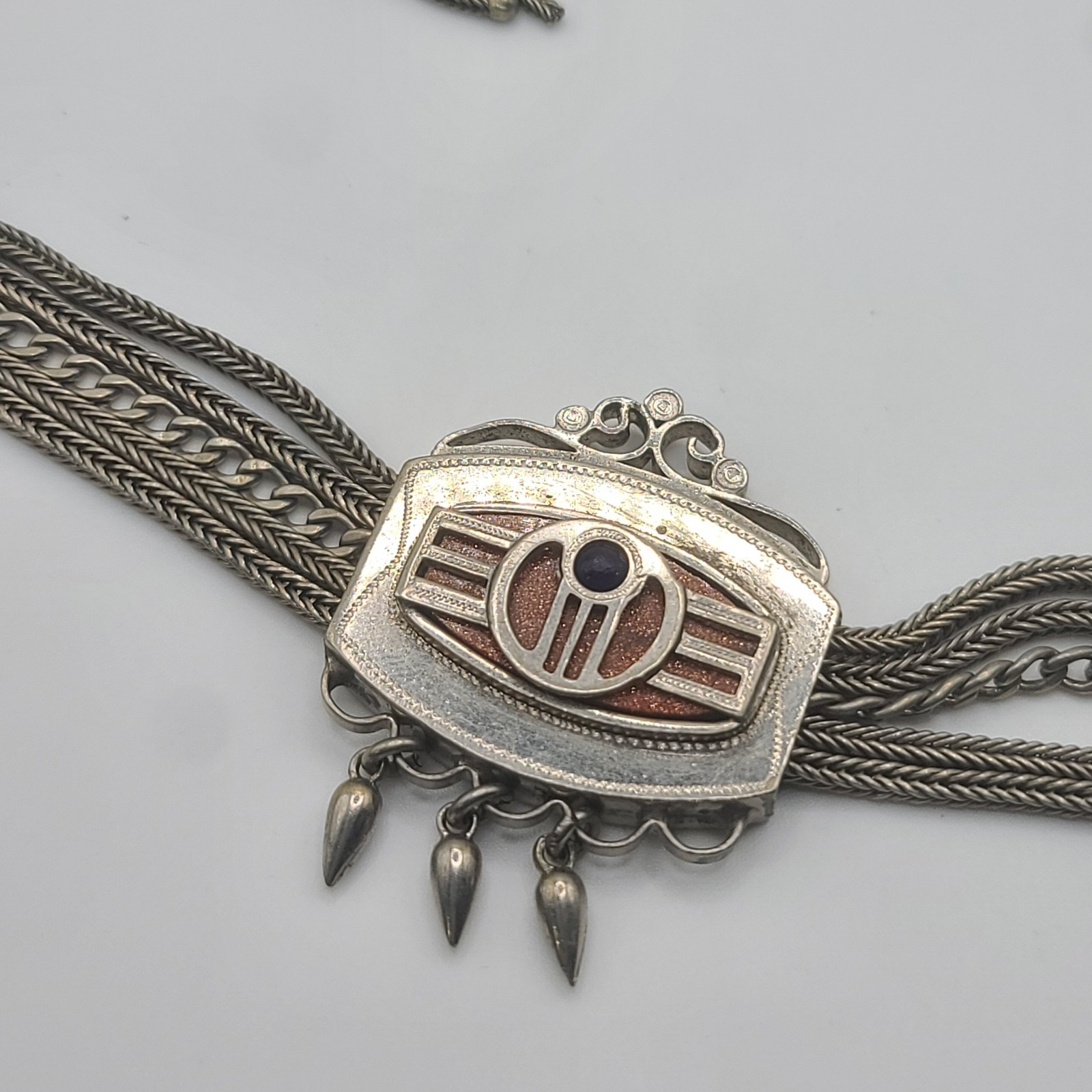 Vintage Slider Watch Chain Fob Gold Stone Fringe Silver Tone HEAVY NICE