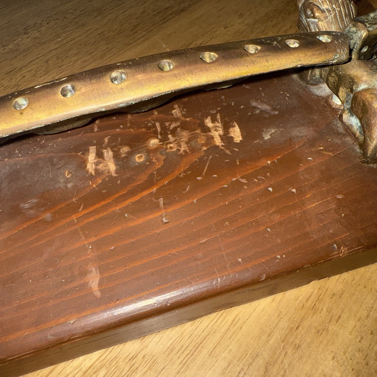 Vtg Chinese Metal Dragon Incense Burner Stand Wood Base Ornate Mythical Motif