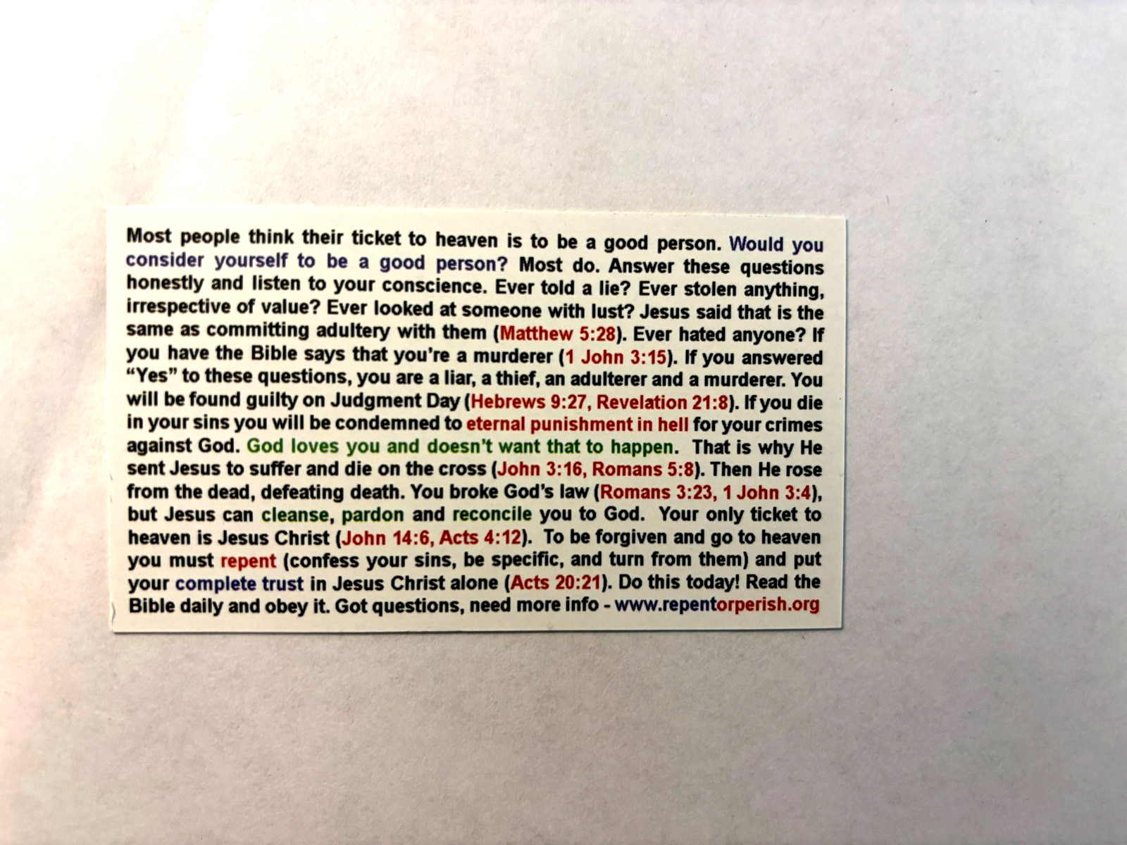 Gospel Tracts Bible Tracts Business Card Size Pack of 100