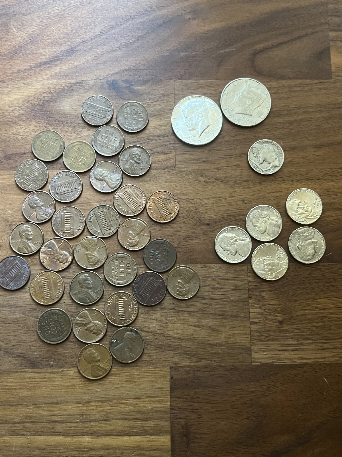 Silver Half Dollar Coin Hunt Lot – 2 Halves, Buffalo, Wheat Cents, Copper cents