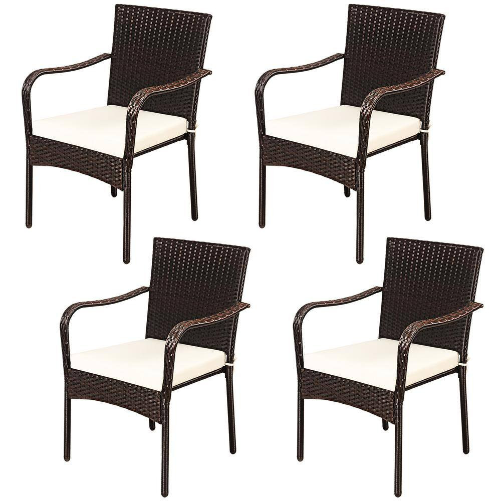 Cushioned Wicker Outdoor Dining Chair Stackable with Cushionguard Beige Cushions