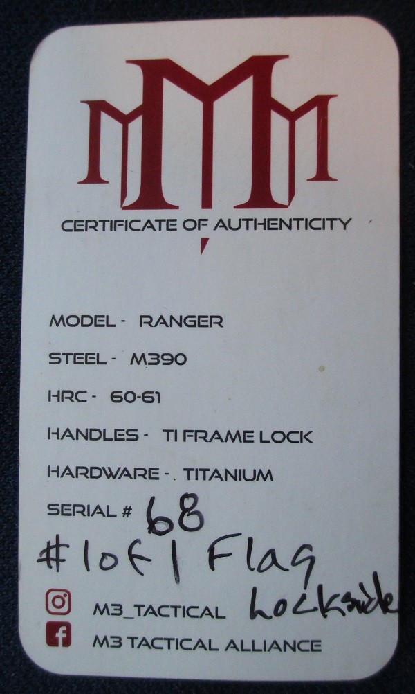 EDC NEW M3 TACTICAL TITANIUM T1 KNIFE HANDLE LOCK WITH KNIFE CASE S/N 68 FLAG