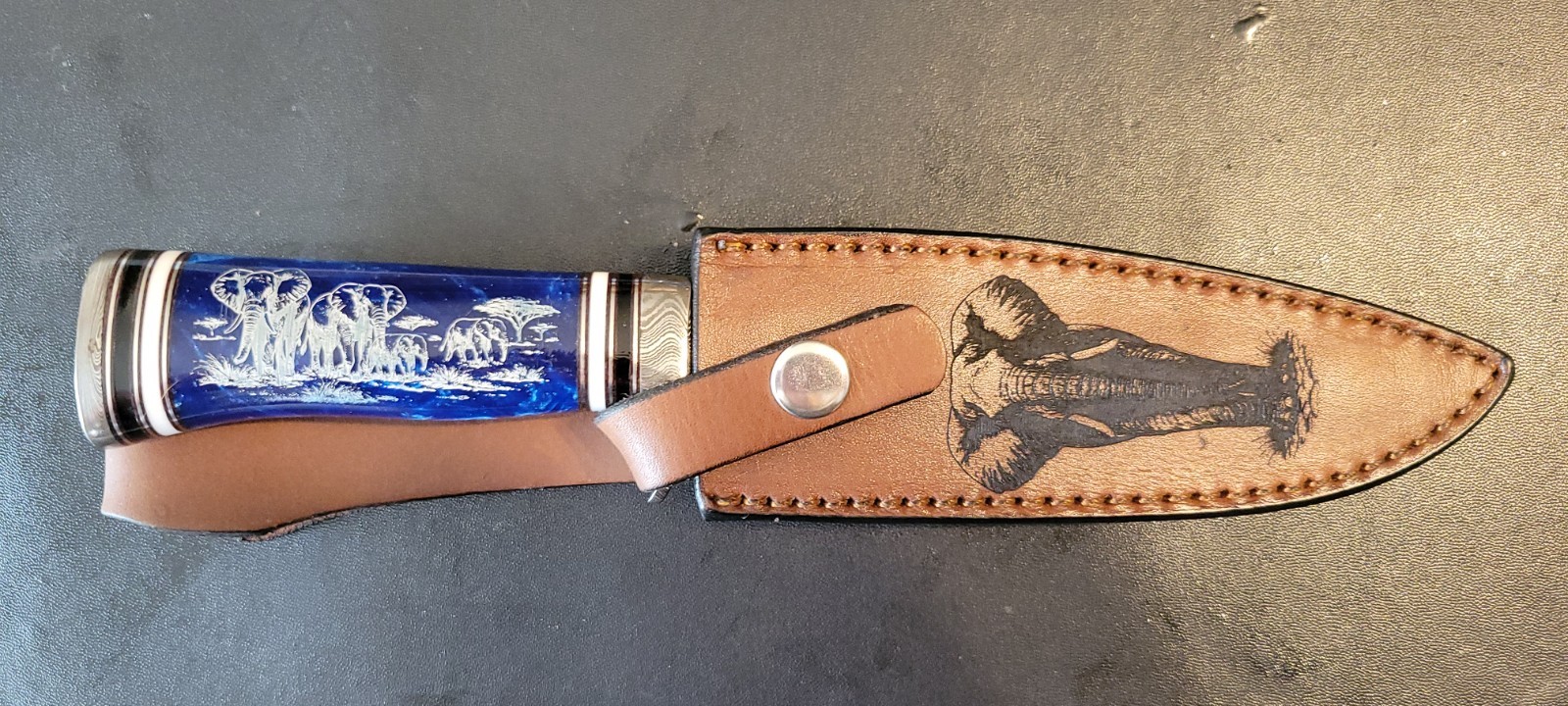 Impact Cutlery Custom Damascus Hunting Knife Engraved Blue Resin handle- 2399