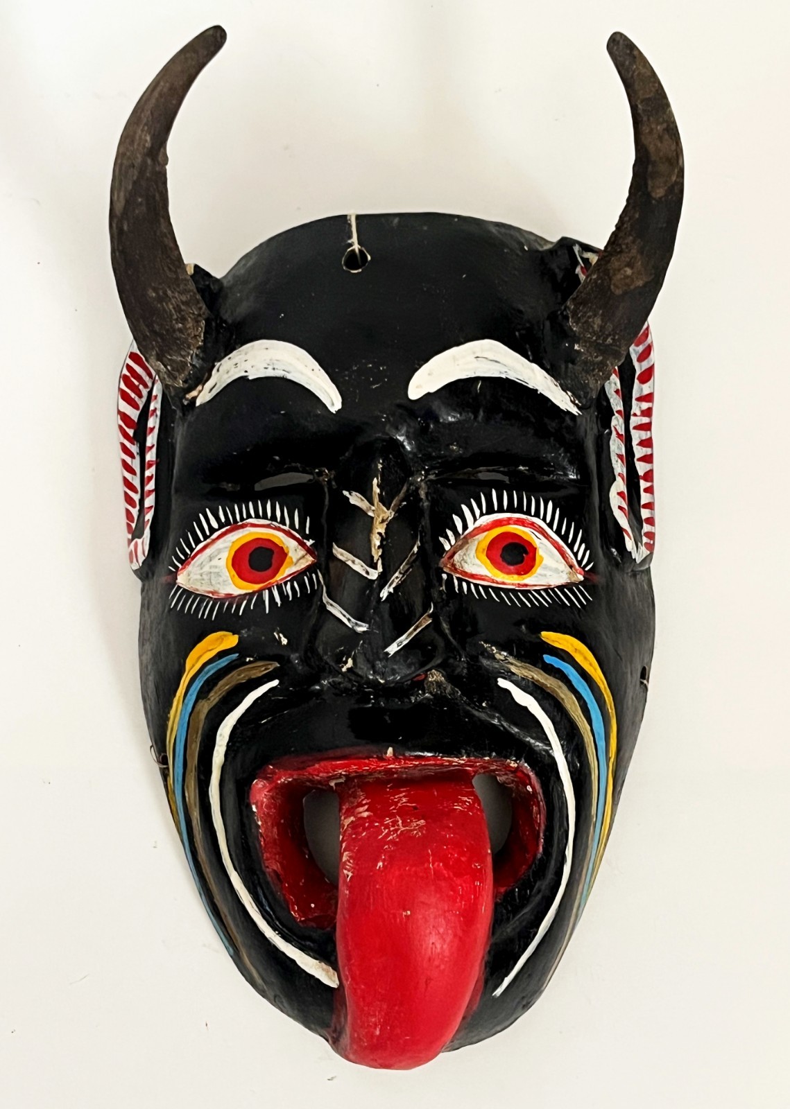 MEXICAN FOLK ART CARVED WOOD BLACK HORNED DIABLO DEVIL DEMON DANCE MASK 14 x 8"