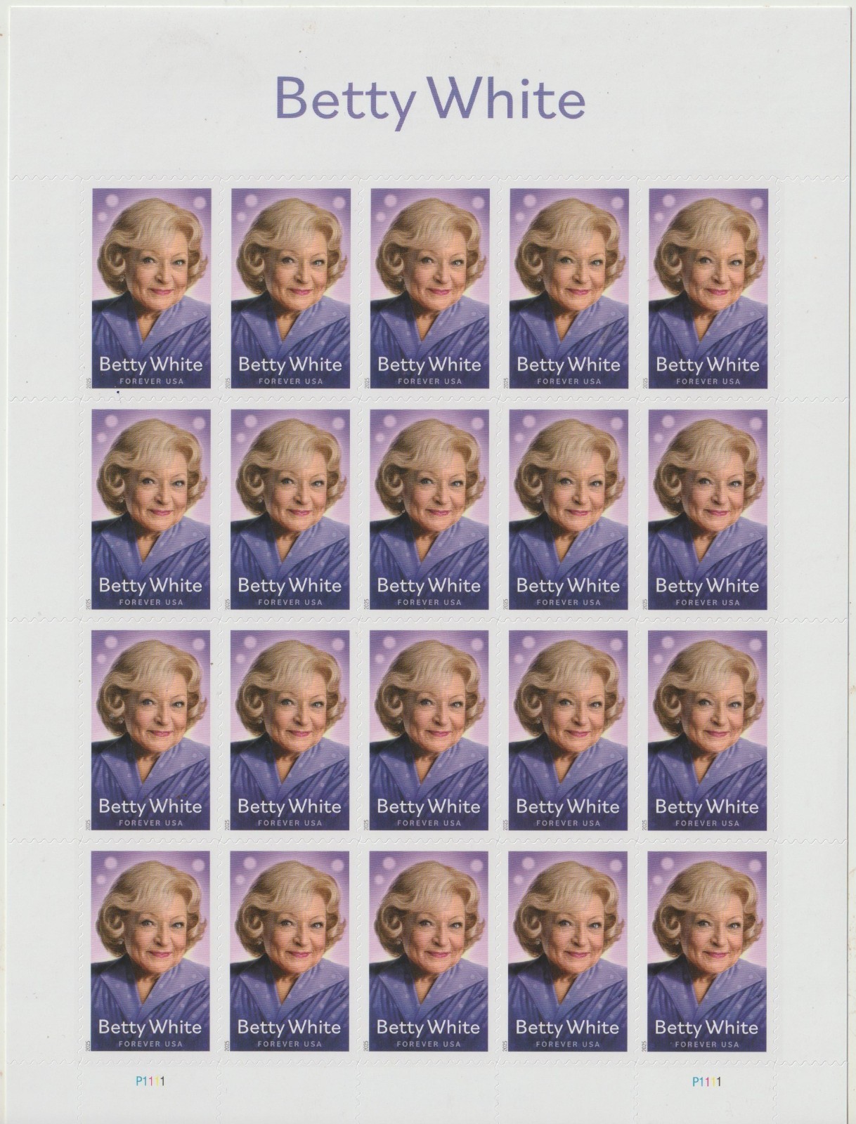 USPS BETTY WHITE Sheet of 20 one ounce rate PEEL AND STICK stamps Sent from OKC