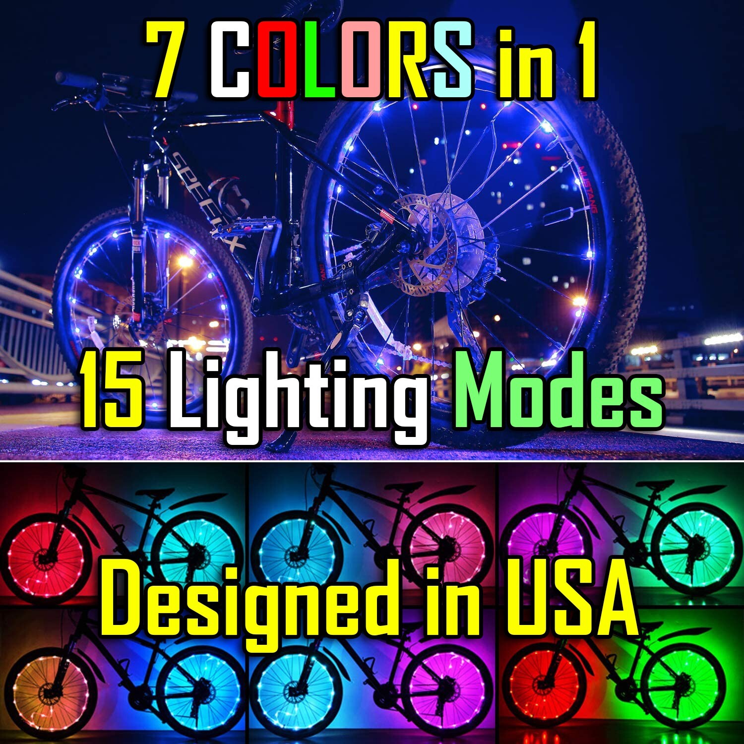 NEW Bicycle Bike Wheel Lights 7 COLORS in 1 LED String Fits any Spoke Rim Tires