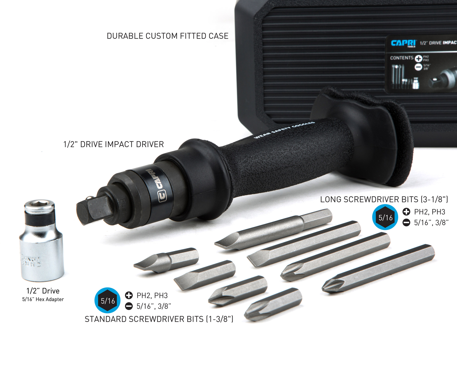 Capri Tools 1/2-in Drive Premium Impact Screwdriver Set with Bits, 10-Piece