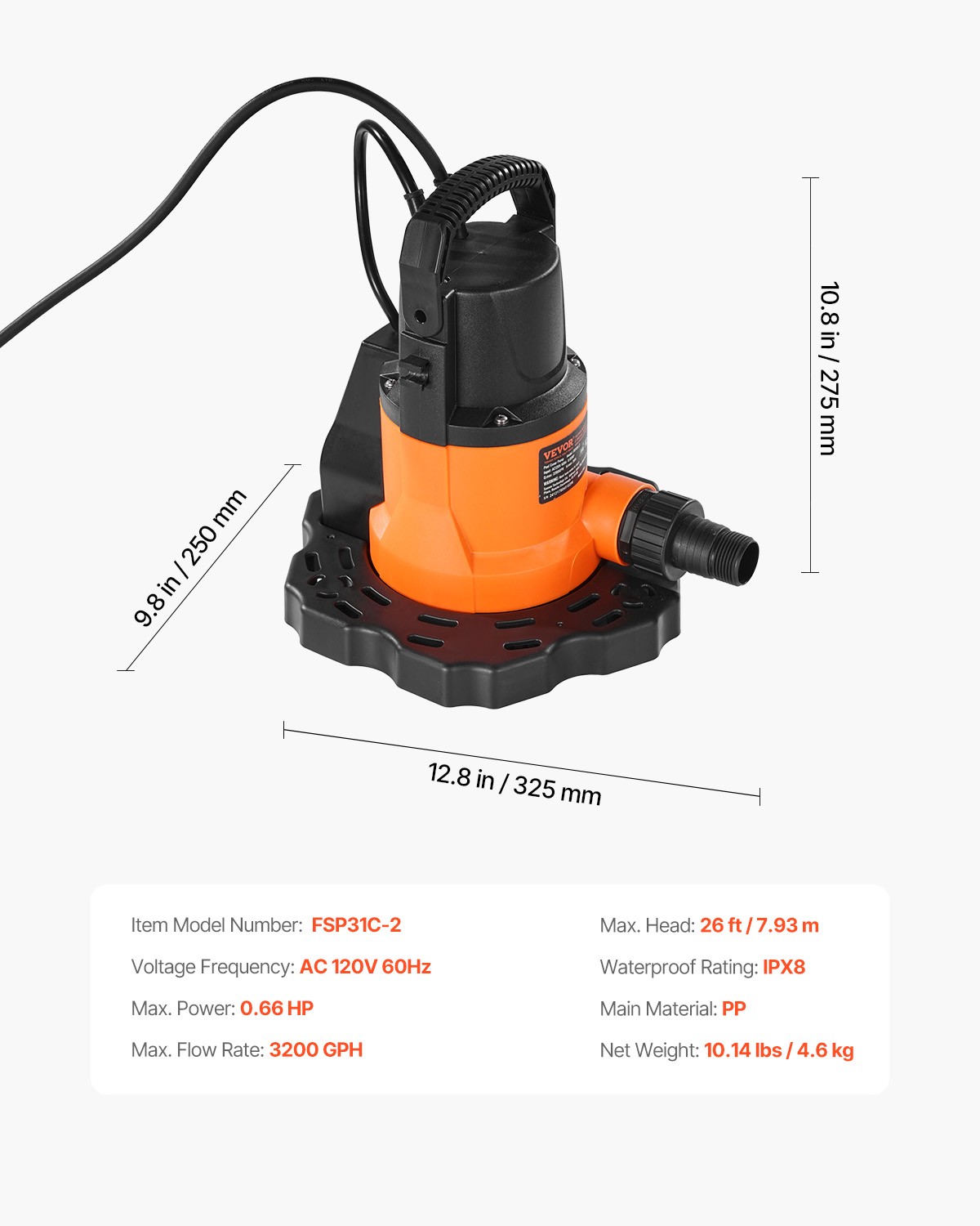 VEVOR Automatic Pool Cover Pump Submersible Swimming 0.66 HP 3200 GPH 25 ft Cord