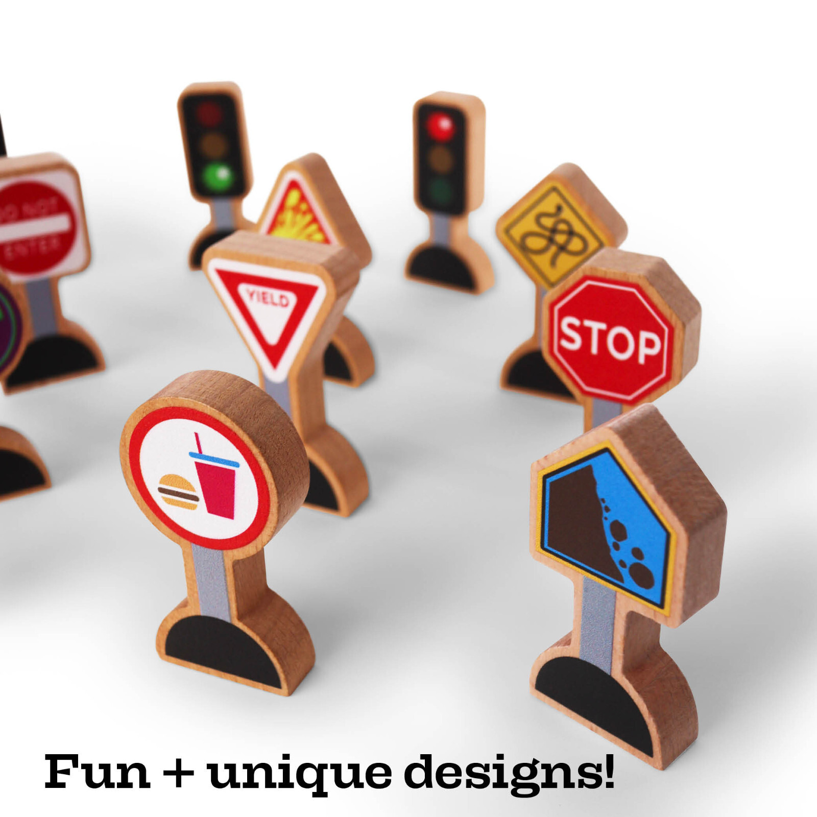 15 Pieces - Wooden Traffic Signs For Kids - Zany Trains Street Signs For Trains