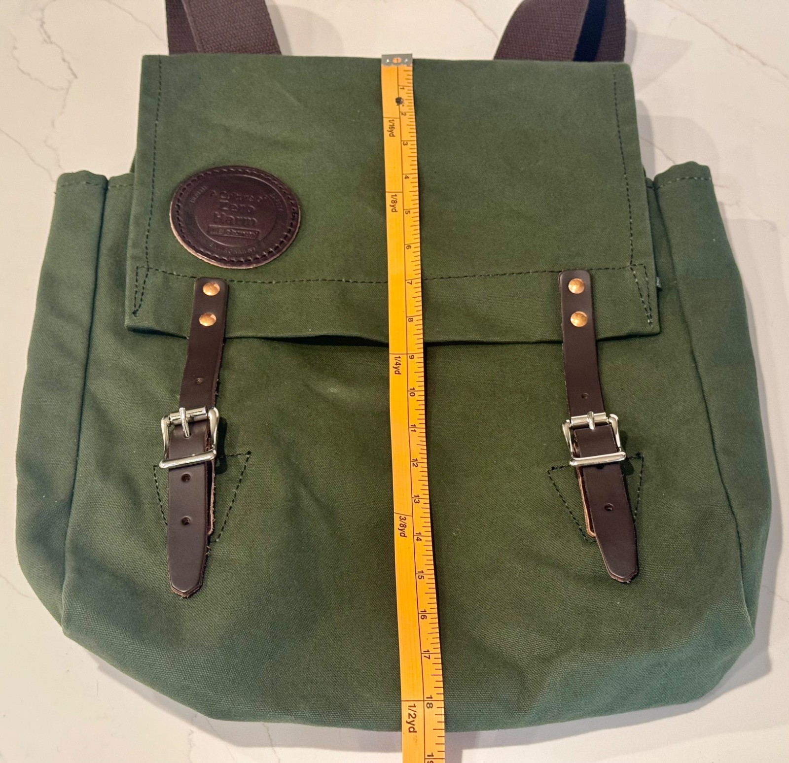 DULUTH PACK JUNIPER GREEN CANVAS & BROWN LEATHER SCOUT BACKPACK 16"X14" LOGO