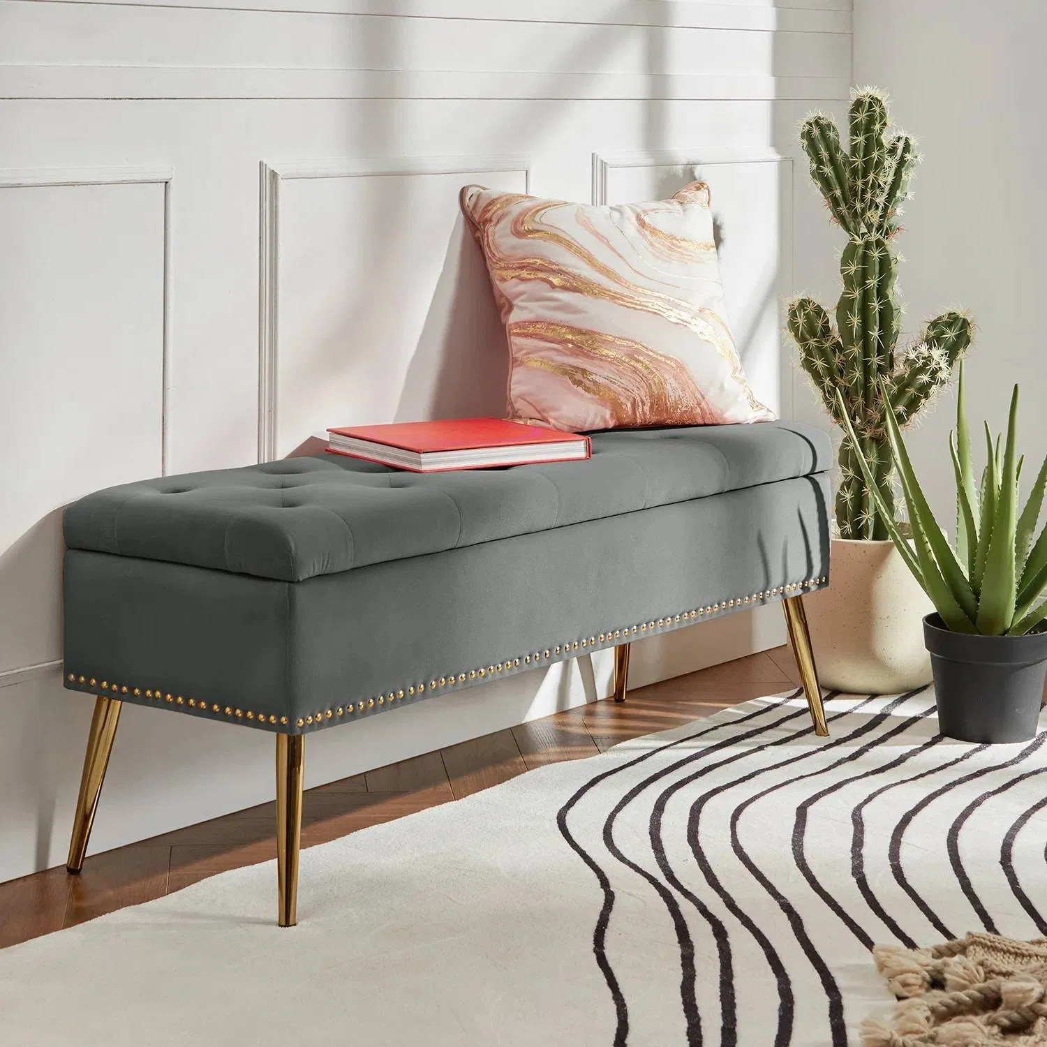Mid-Century Modern End of Bed Storage Bench with Gray Velvet Seat and Gold Legs