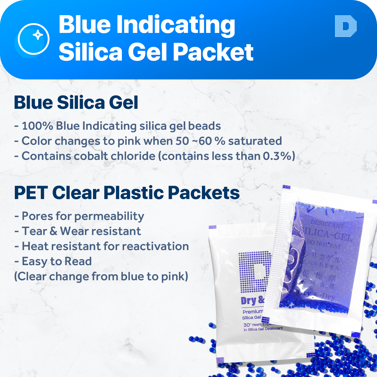 [100 Packets]10 Gram" Dry & Dry" Blue Indicating Silica Gel Packets - Reusable