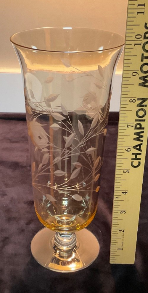 Vintage Amber Etched Art Glass Footed Vase. Vines and Flowers. 10”