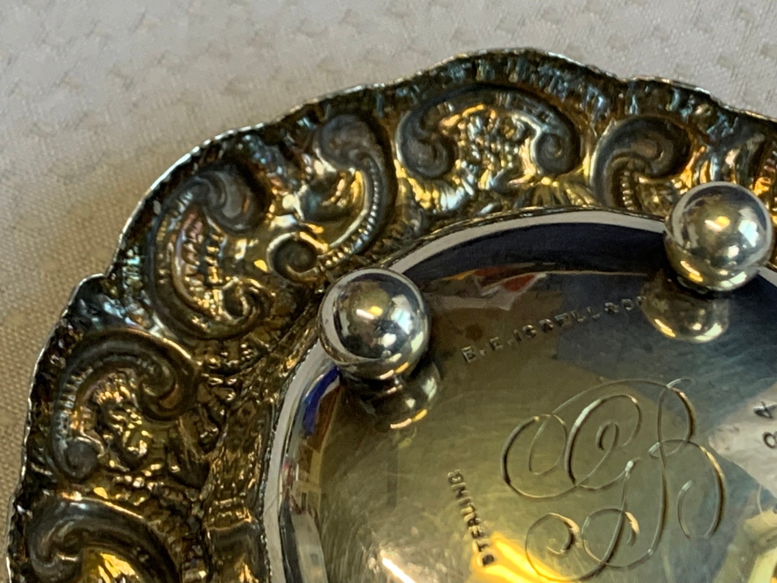 Antique Sterling Silver Condiment Dish Master Salt Cellar 37.03g Floral Repousse