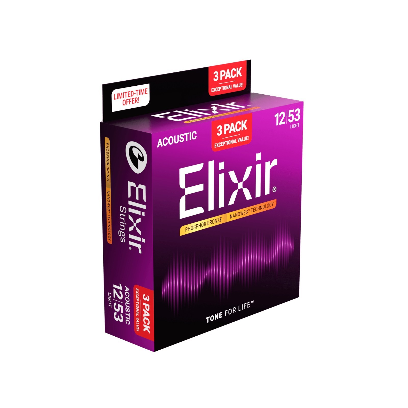 *3 SETS ELIXIR 16052 NANOWEB ACOUSTIC GUITAR STRINGS LIGHT 12-53 PHOSPHOR BRONZE