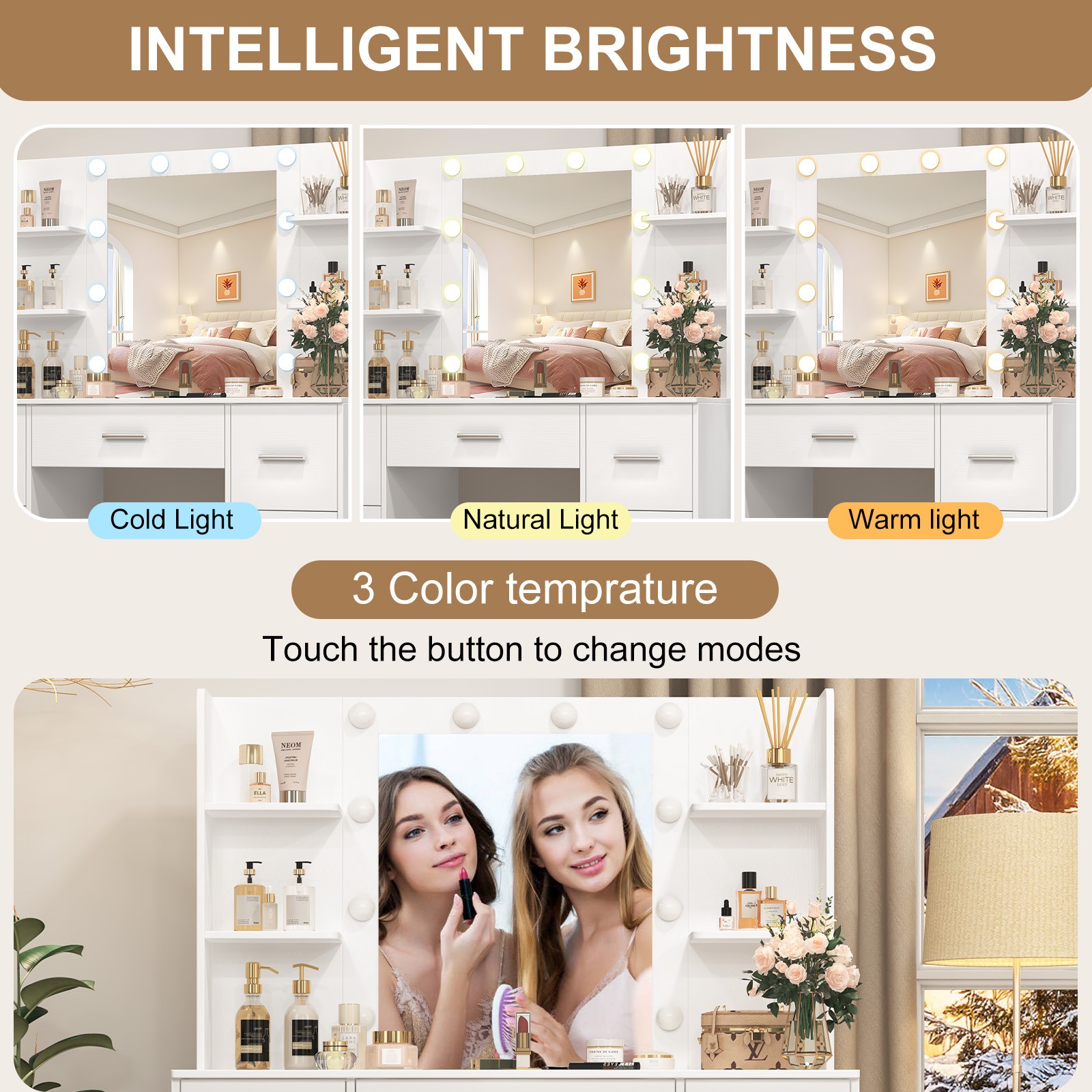 10 lights LED Mirror For Bedroom White Makeup Dressing Vanity Table For Gifts US