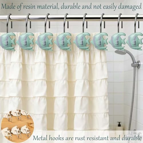 Fish Shower Curtain Hooks -12 PCS Resin Rust Proof Nautical Beach Theme Shower