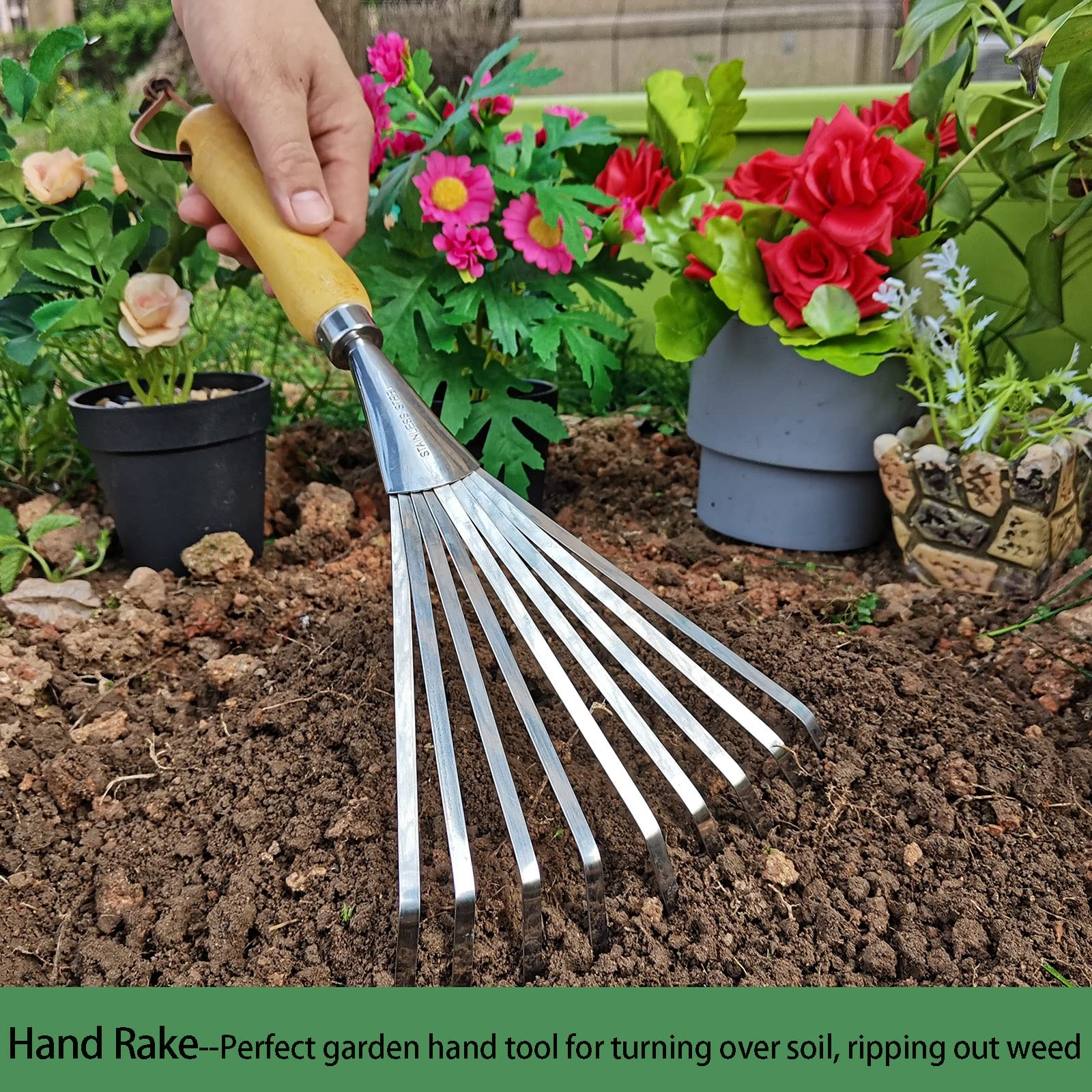 Hand Rakes, Garden Stainless Steel Hand Rake Soil Tiller with Ergonomic Handl...