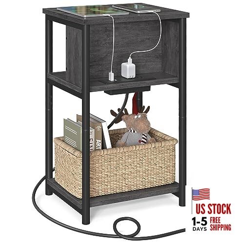 Side Table with Charging Station, 3-Tier End Table with USB Misty Gray + Black