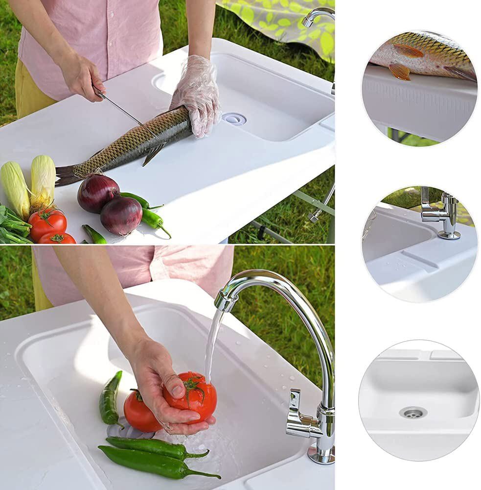 Folding Camping Table With Sink Faucet Outdoor Fish Hunting Cleaning Desk Tool