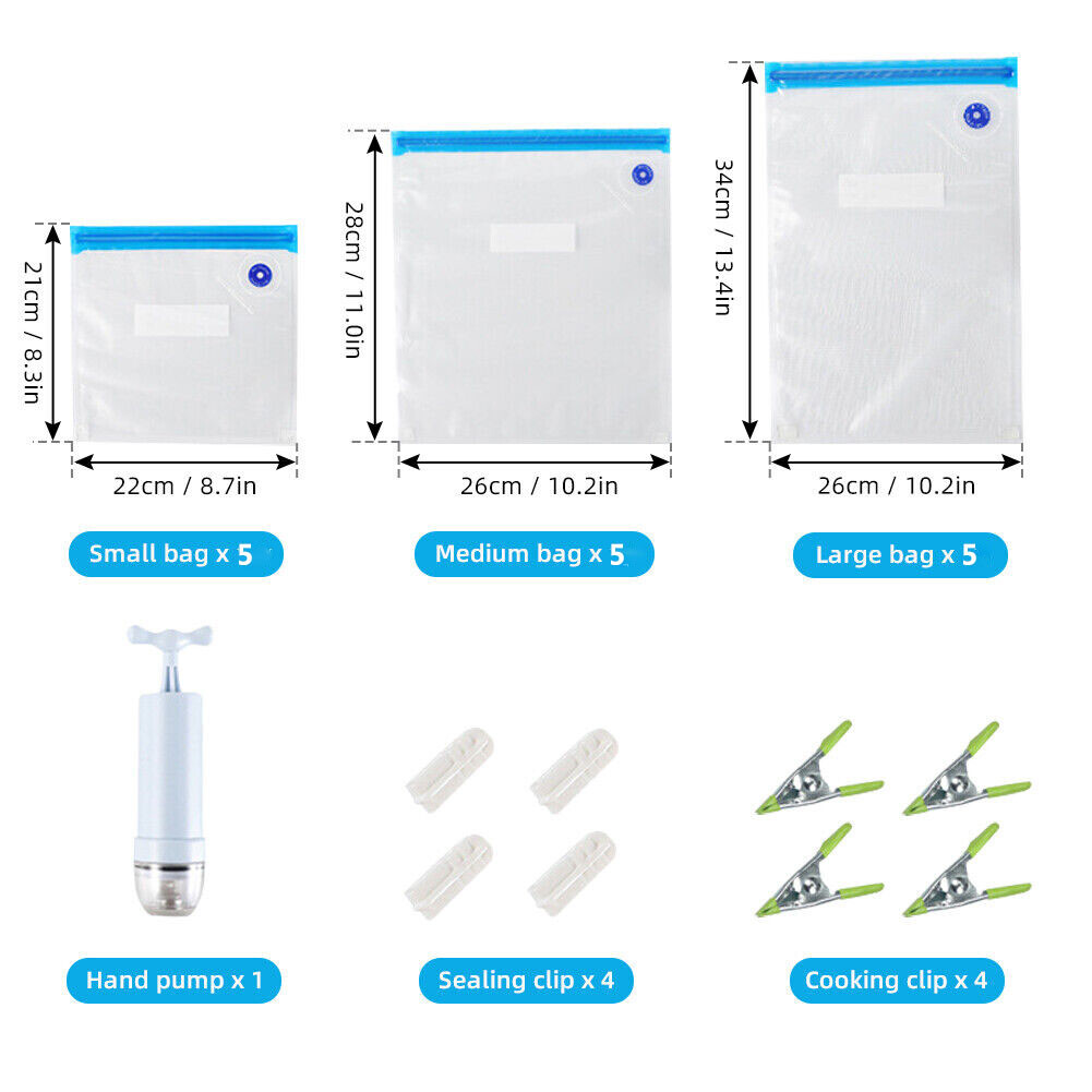 24pcs Sous Vide Bags Vacuum Sealer Pump Reusable Vacuum Food Storage Bags Kit US