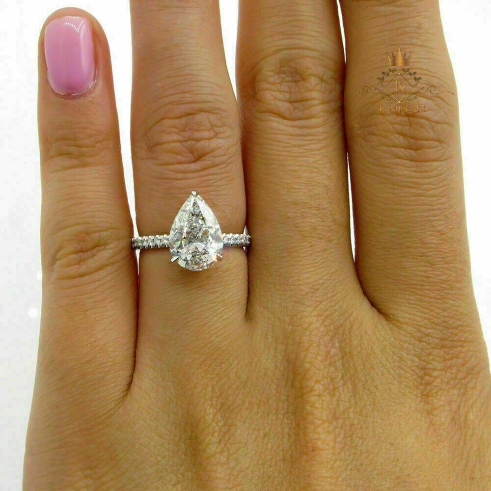 2.90 Carat Pear Cut Moissanite Hidden Halo Engagement Ring Solid 14K White Gold