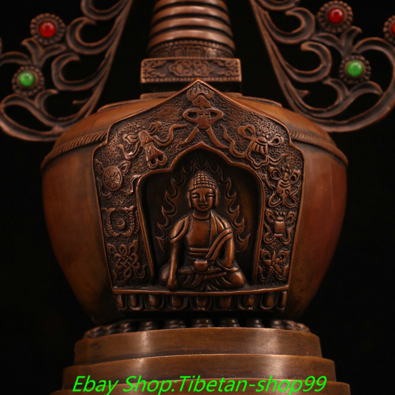 15.7'' Old Tibet Bronze Inlay Gems Shakyamuni Buddha Stupa Pagoda Tower Statue