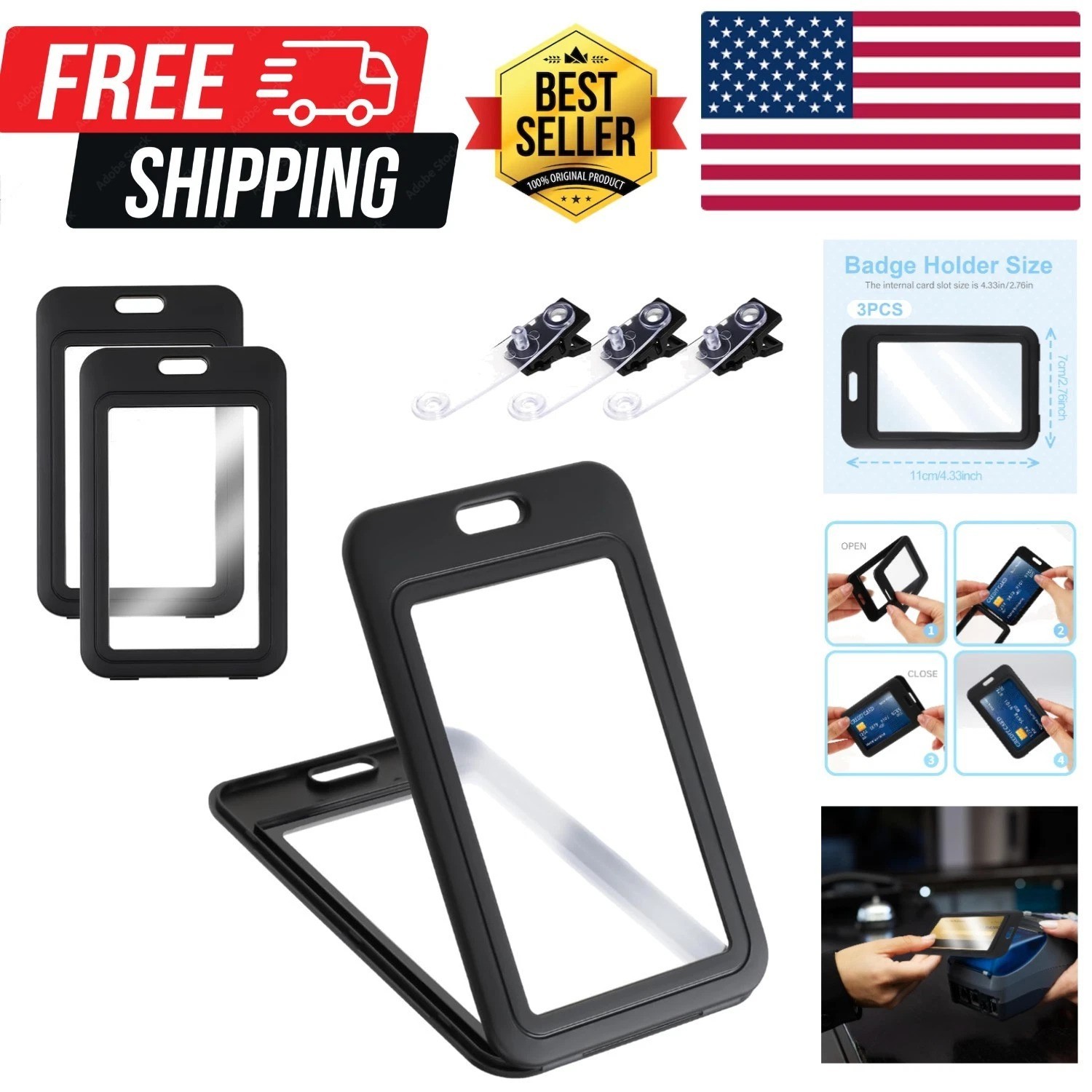 3 Pack ID Badge Holder with Plastic Clip, Double-Sided Clear Vertical Badge.....