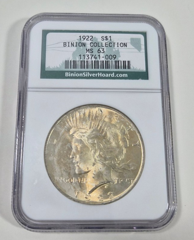 1922 Peace Silver Dollar Binion Hoard Collection NGC MS 63 Nice Color