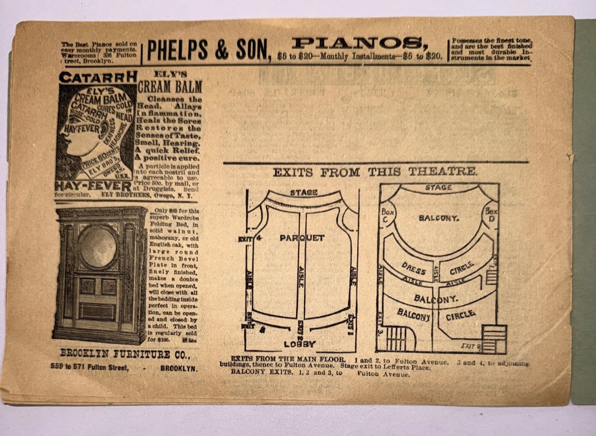 RARE 1887 CRITERION THEATRE PROGRAM CHIMES OF NORMANDY AT FULTON & GRAND AVENUE
