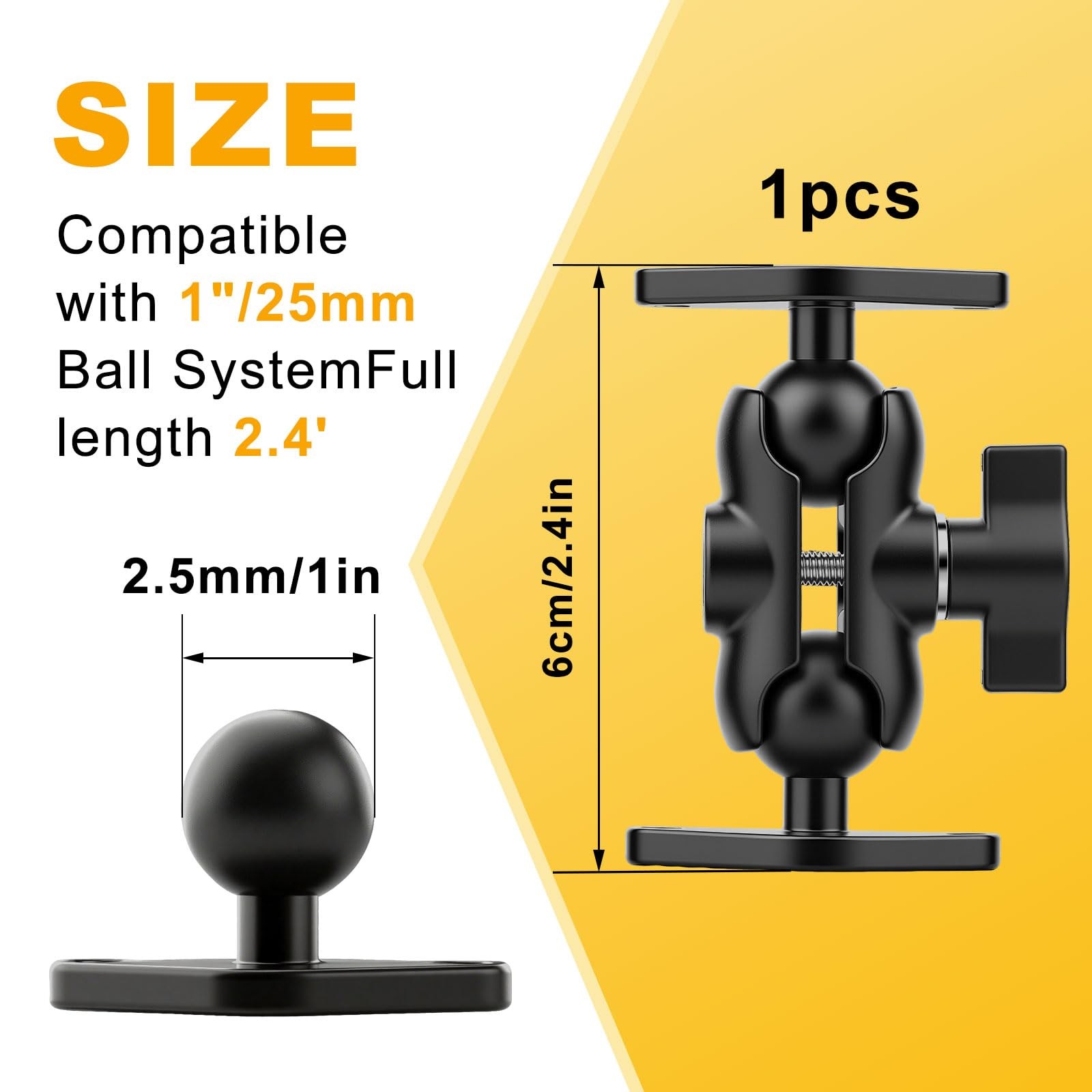 Metal Double Socket Arm Compatible RAM Mount Arm, 1" Ball Short, Black