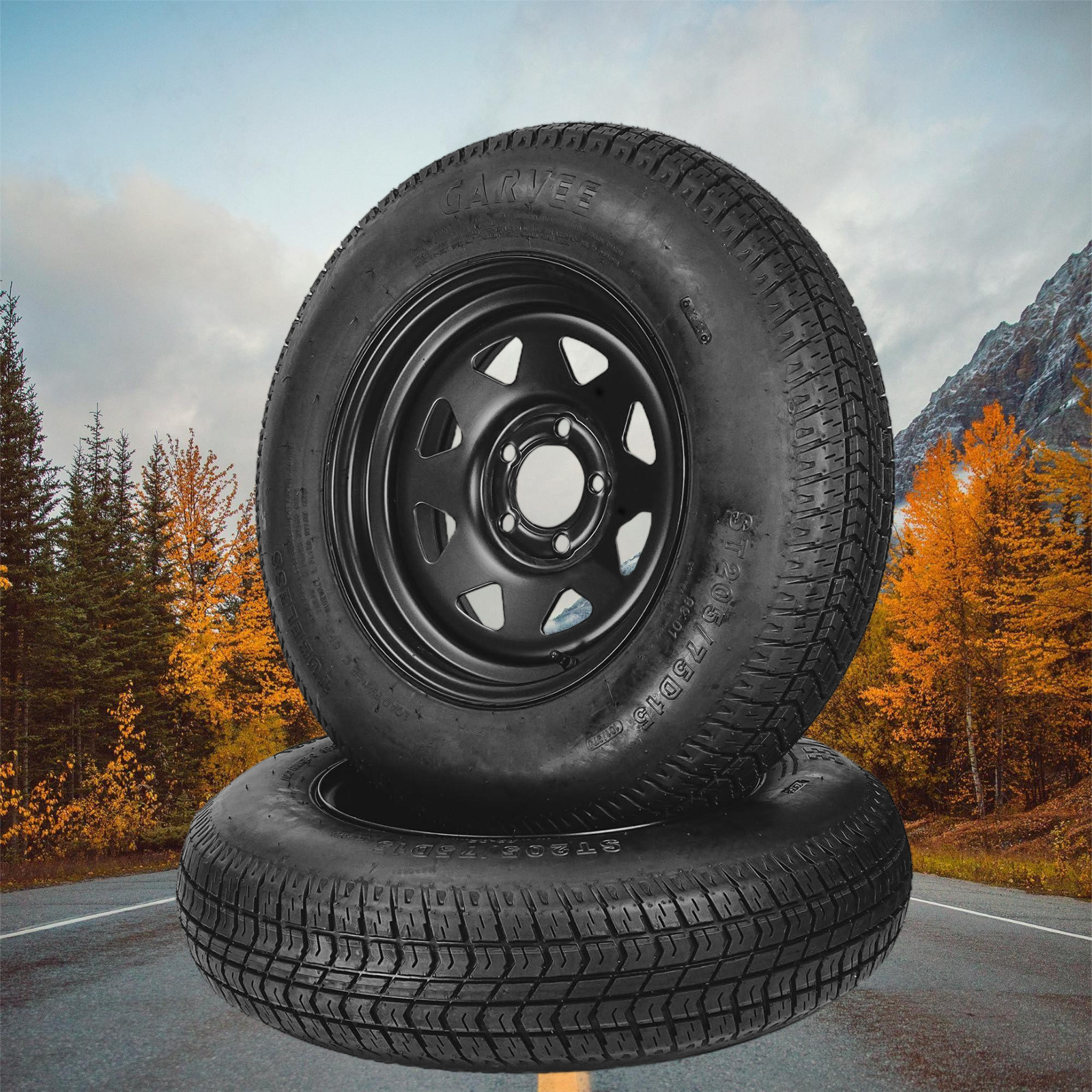 2 pcs ST205/75D15 Trailer Tires and Wheels W/15" Rims 5 Lug on 4.5" Load Range C