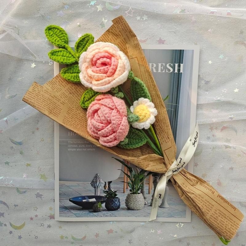 Knitting Crochet Artificial Flower Bouquet for Anniversary Housewarming Mom Gift
