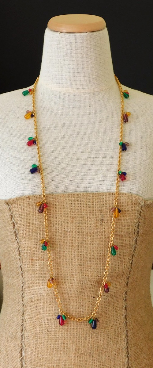 Vintage JOAN RIVERS Dangle Charm Necklace w/ Jewel Tone Teardrop Glass Beads
