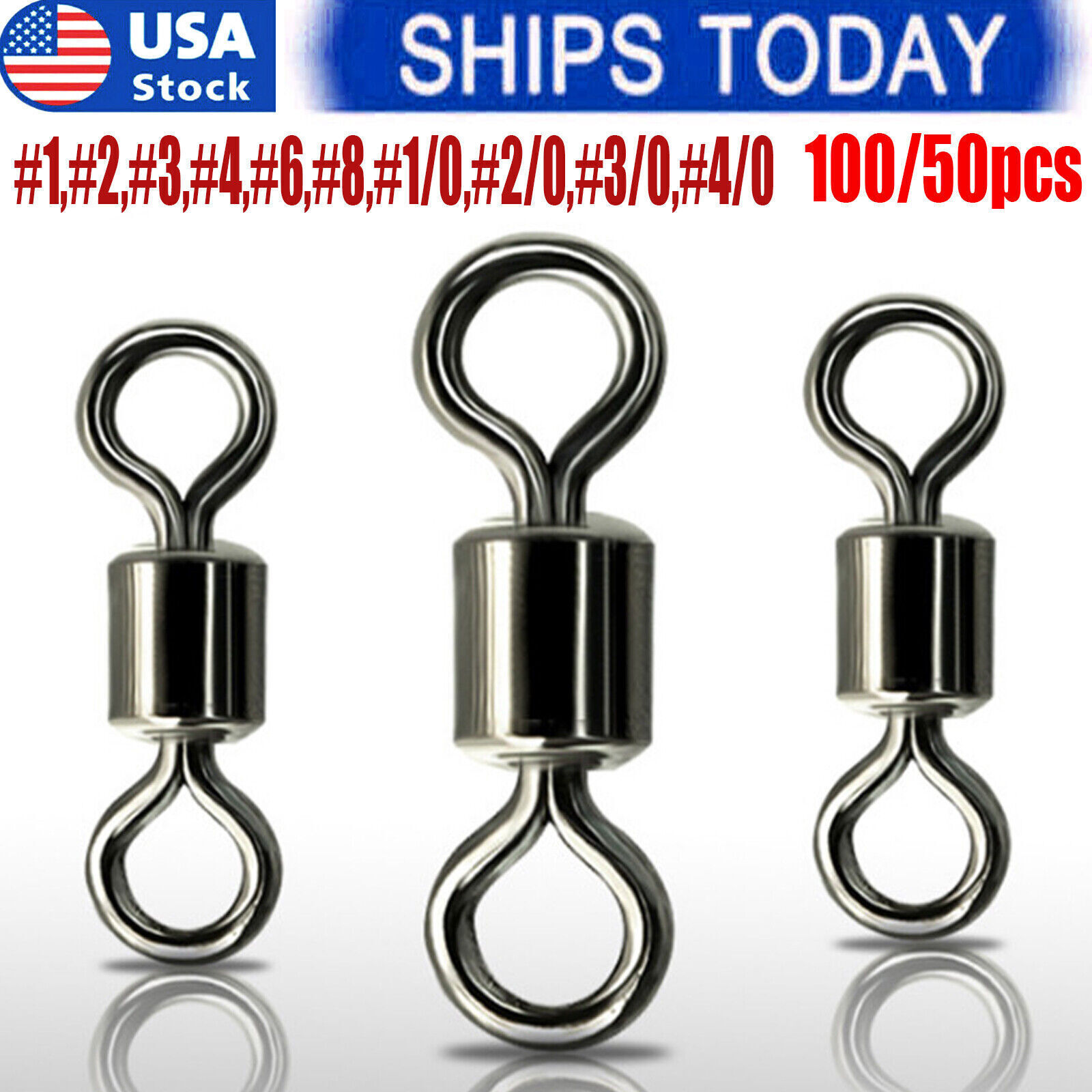 100/50x Rolling Barrel Swivel 42-330lb Fishing Swivels Solid Ring #1-#8,1/0-6/0