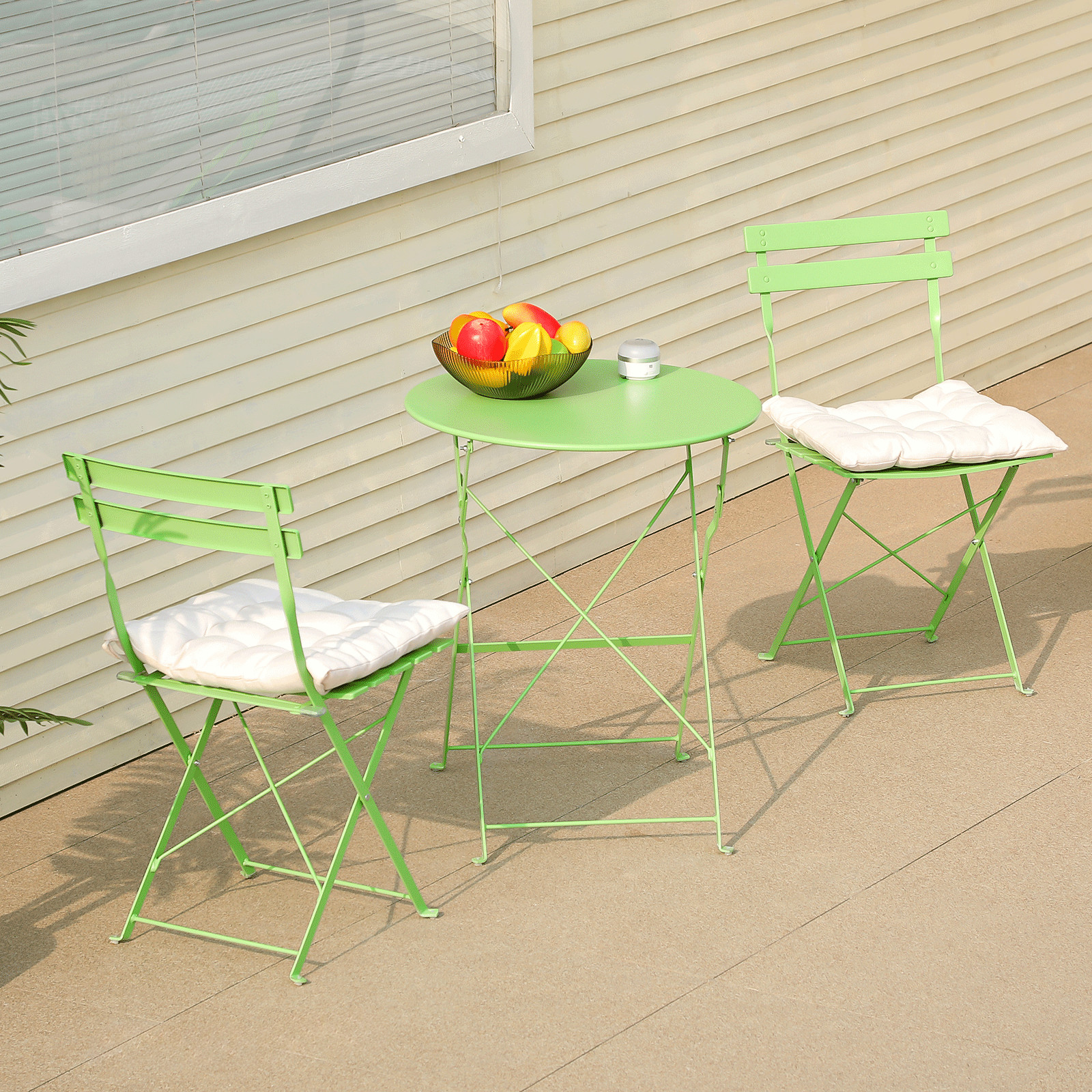 3 Piece Green Patio Table Chairs Set Foldable Garden Patio Furniture w/Cushion
