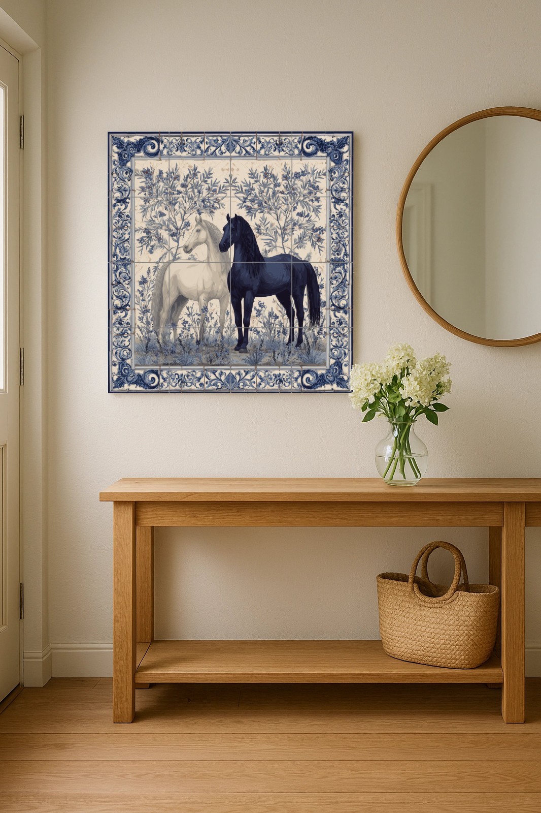 Equestrian Ceramic Tile Mural – Black & White Horses, Blue Floral Wall Art