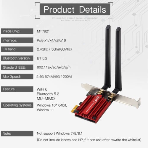 WiFi 6E PCI-E Dual Band Network Card AX1800Mbps 802.11AX WiFi Bluetooth Adapte