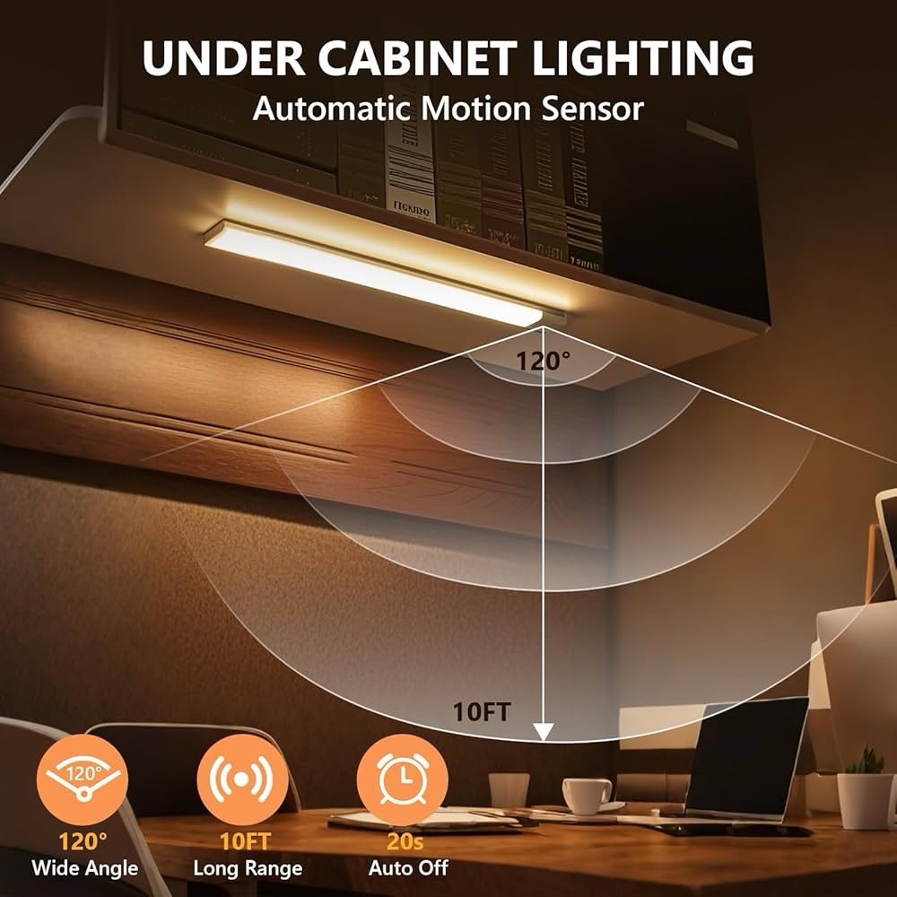 4-Pack LED Under Cabinet Lights, Rechargeable Motion Sensor, 3 Color Dimmable