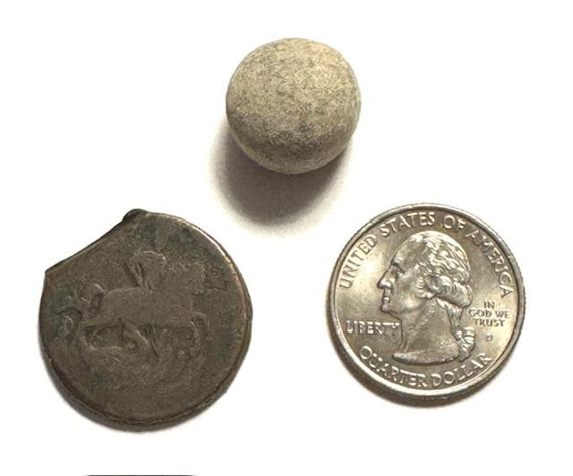 1759 Colonial Coin & Musket Ball dug Next to the Saratoga Battlefield NY