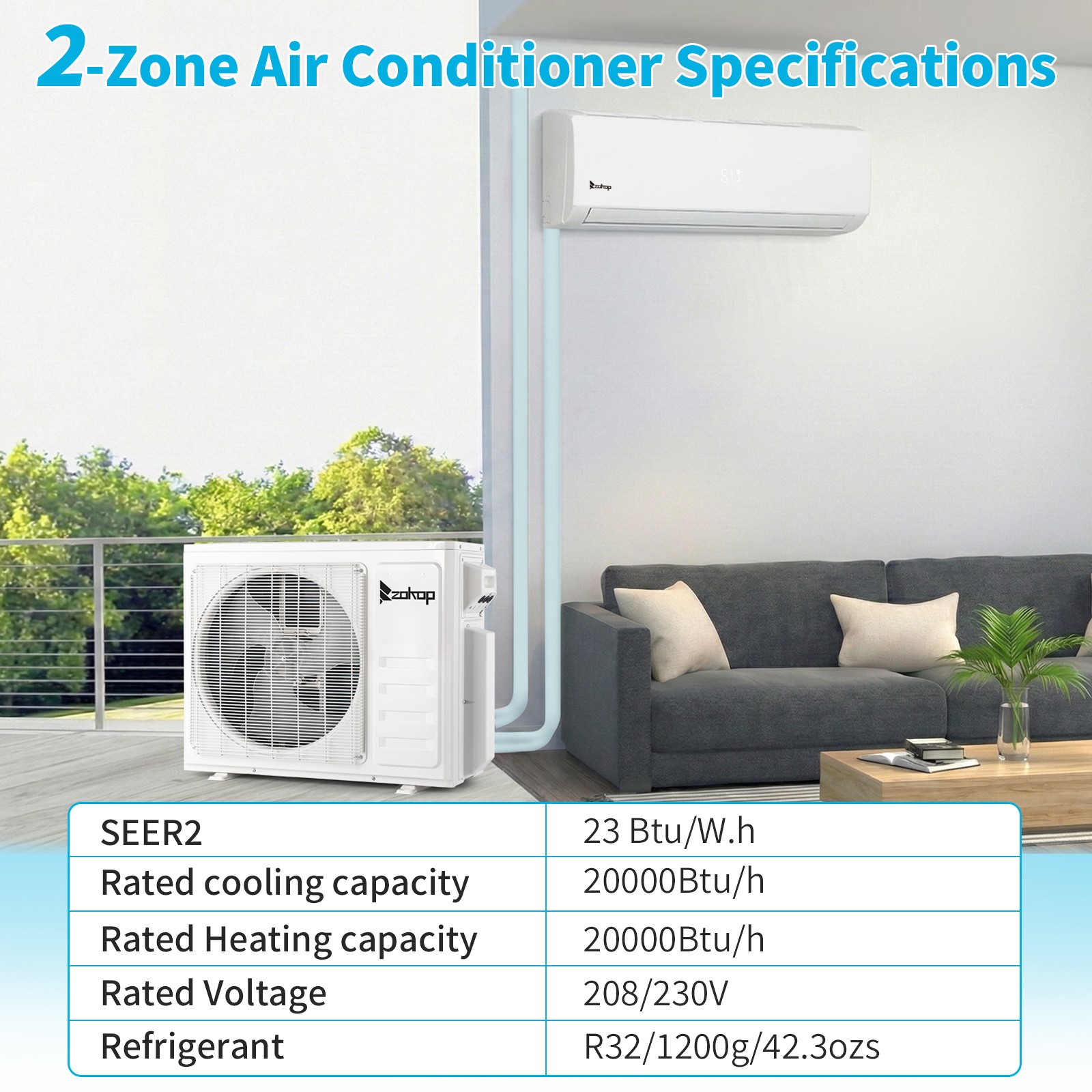 20000 BTU Dual 2 Zone Mini Split Heat Pump Air Conditioner Ductless AC Unit 230V