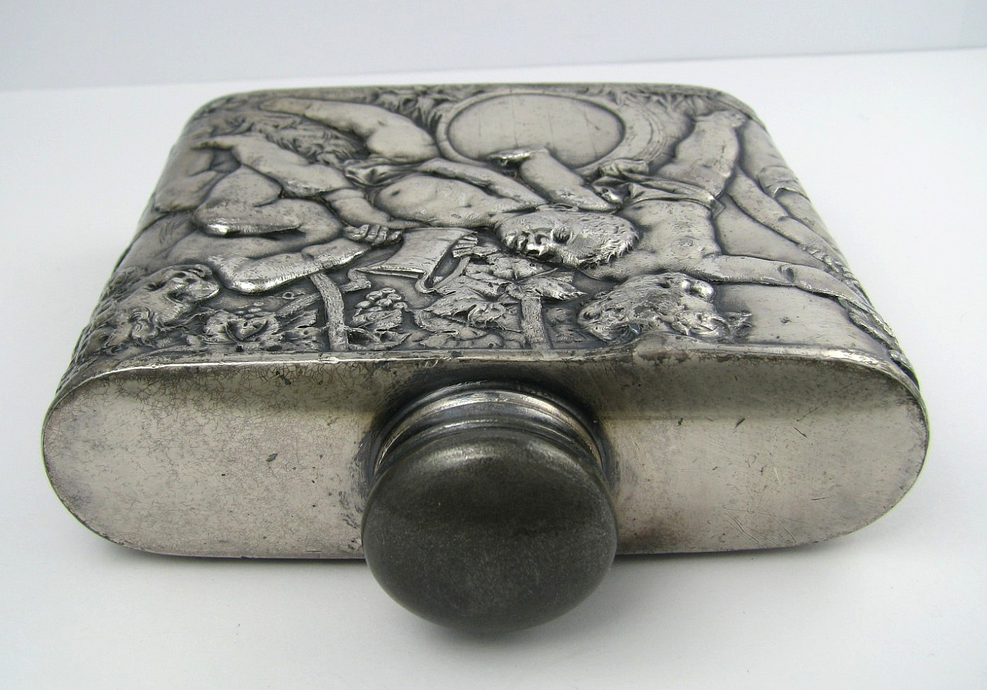 ANTIQUE SILVER PLATED FLASK LIQUOR FLASK Tipsy Cherubs Angels 1870s No Mono Rare