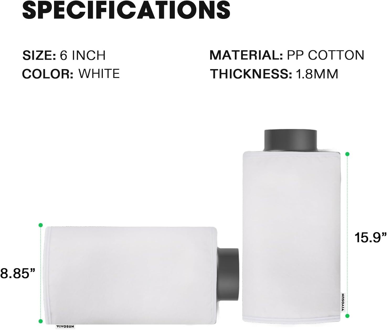 VIVOSUN 4"/6"/8" PP Cotton Prefilter for 4/6/8 inch Carbon Filter Black/White